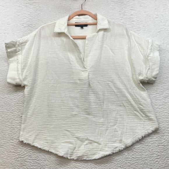 Aakaa Tops - Aakaa Shirt Womens Small Collared Short Sleeve Textured Frayed Hem Top Casual